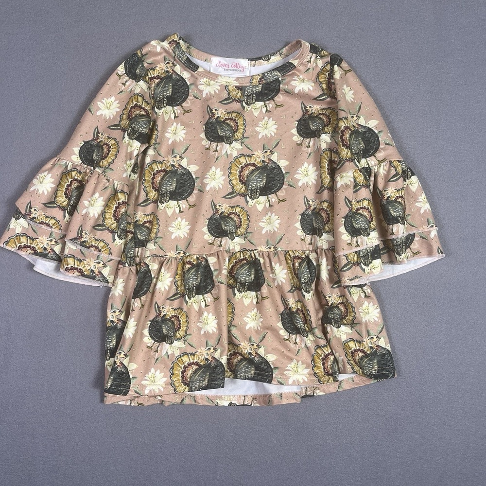 Clover Cottage Thanksgiving Blouse Girls 4T Pink Turkey Floral Bell Sleeve
